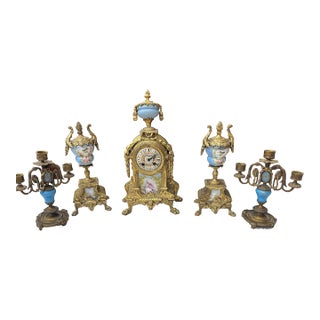 Set of 5, Early 20th Century A Three Piece Clock Garniture Together With a Pair of Three Light Candelabras For Sale