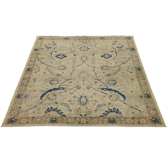 Vintage Tabriz Style Wool Area Rug – Neutral Persian Design With Indigo Accents For Sale - Image 10 of 11