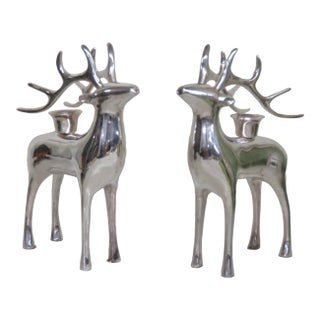 Silver Plate Christmas Reindeer Taper Candle Holders a Pair 4455b For Sale