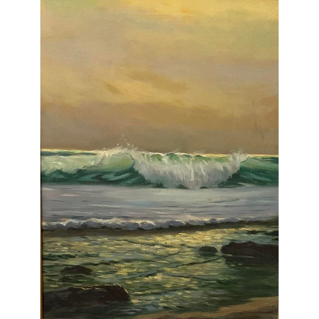 Glass Mid Century Seascape With Sunset Oil on Canvas by Alexander Dzigurski For Sale - Image 7 of 7