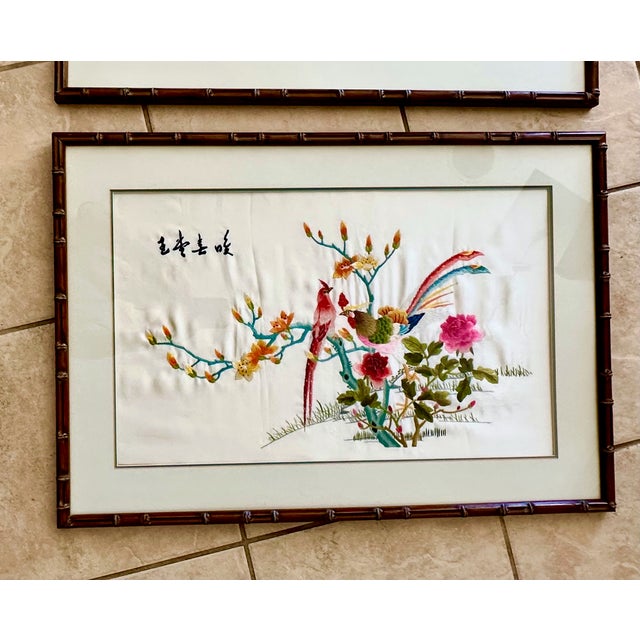 1950s Pair Chinese Signed Embroidered Suzhou Silk Framed Paintings For Sale - Image 5 of 18