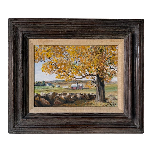 1970's M. Winters “Wisconsin” Country Farm Landscape Oil on Canvas Board Painting, Framed For Sale
