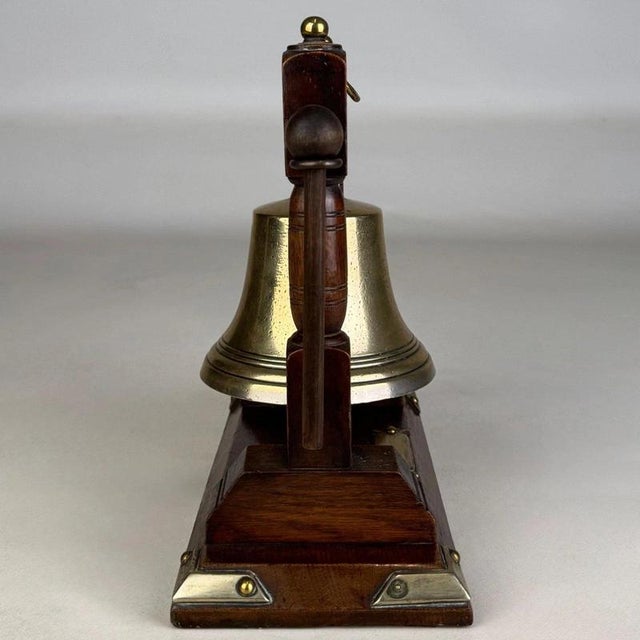 Gold Antique English Edwardian Nautical Brass Bell with Oak Stand, 1900s For Sale - Image 8 of 12