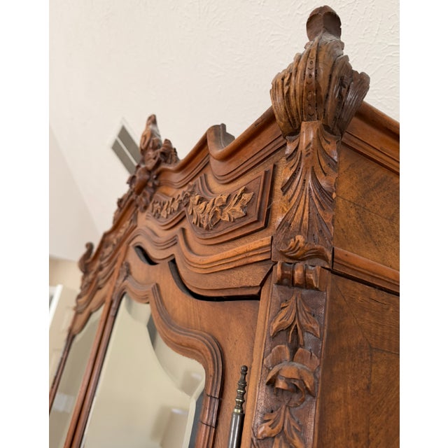 Wood Late 19th Century French Louis XV Style Walnut Armoire With Beveled Mirror Doors & Cabriole Legs For Sale - Image 7 of 7