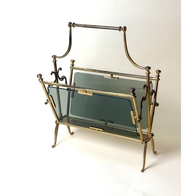 Italian Brass and Smoked Glass Magazine Rack, Italy, 1960s For Sale - Image 10 of 13