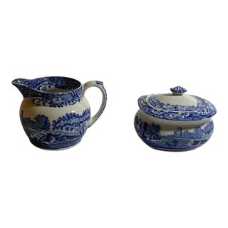 Vintage Authentic Spode Blue Italian Cream & Sugar With Lid For Sale