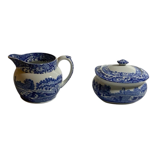 Vintage Authentic Spode Blue Italian Cream & Sugar With Lid For Sale