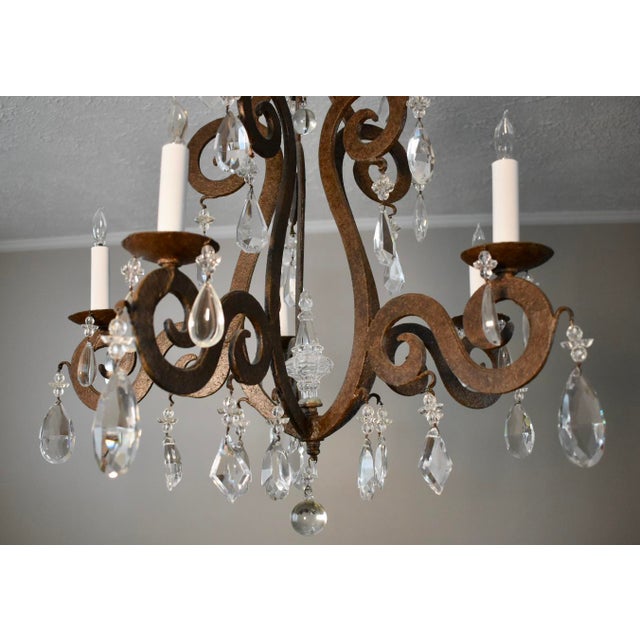Brown French Style Iron and Crystal Scrolled Arm Chandelier For Sale - Image 8 of 13