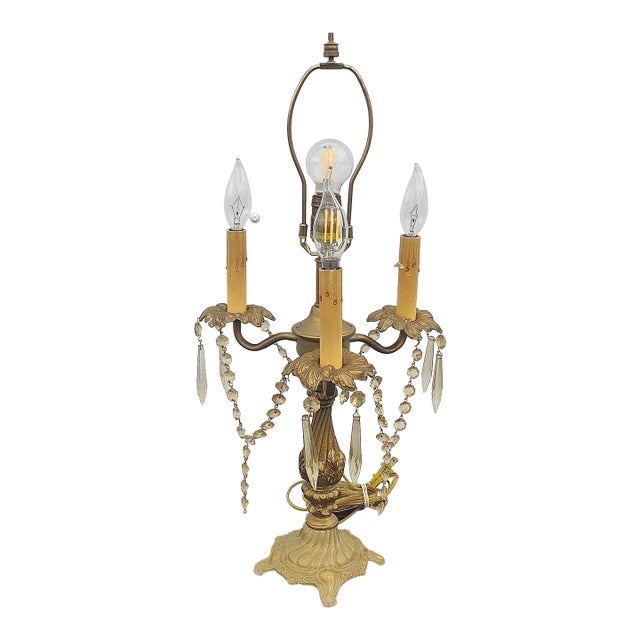 Mid 20th Century Torchiere Candelabra Table Lamp With Amber Prisms For Sale
