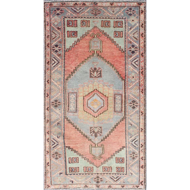 Textile Vintage Turkish Oushak Medallion Rug in Salmon, Light Green, Gray & Light Blue For Sale - Image 7 of 7