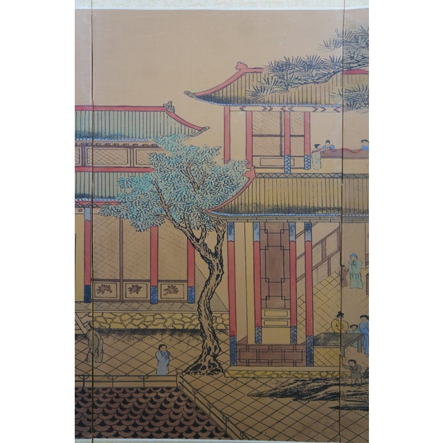 Chinese Painted Silk 4 Panel Folding Screen Dynasty Courtyard Black Lacquer 72" For Sale - Image 11 of 18