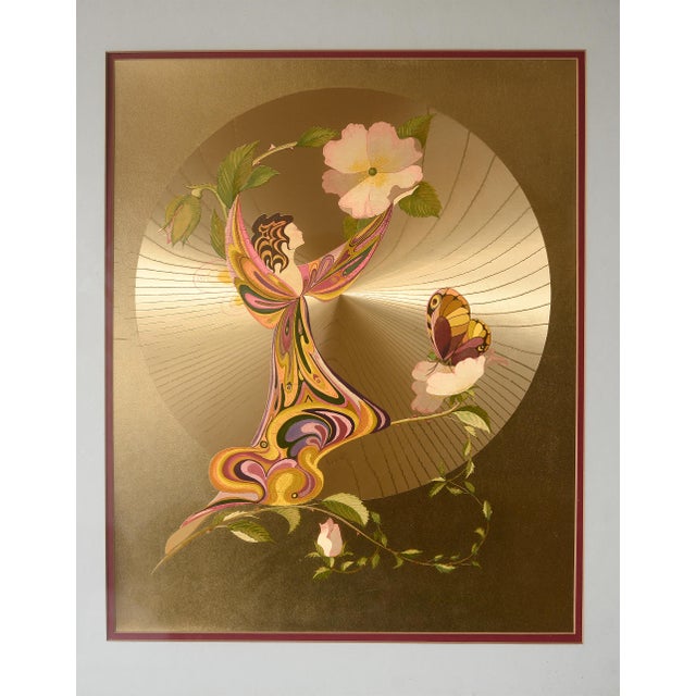 Art Nouveau Vintage Art Nouveau Style Michelle Emblem Metallic Gold Foil Rose Nymph Framed Art For Sale - Image 3 of 13