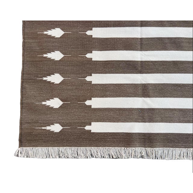 Handwoven Cotton Area Rug, Natural Vegetable Dyed, Brown and White Striped Dhurrie - 5'x7' For Sale - Image 10 of 10