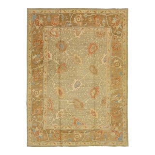 Oversize Modern Oushak Wool Rug in Tan Color With Floral Motif For Sale