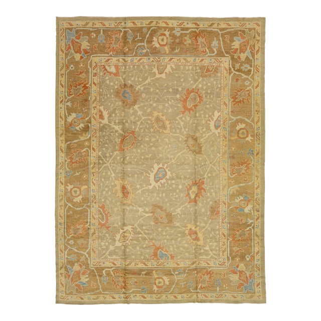 Oversize Modern Oushak Wool Rug in Tan Color With Floral Motif For Sale