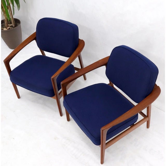 Blue Pair of New Blue Upholstery Teak Danish Mid-Century Modern Arm Lounge Chairs For Sale - Image 8 of 13