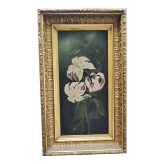 Antique Chinese Lily Oil Painting on Canvas With Gold Leaf Bellflower Design Frame For Sale