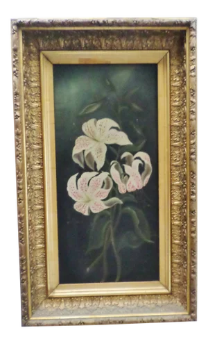 Antique Chinese Lily Oil Painting on Canvas With Gold Leaf Bellflower Design Frame