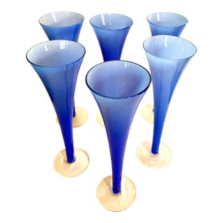 Vintage Post Modern Hollow Stem Cobalt Blue Flute Glasses a Set 6 For Sale