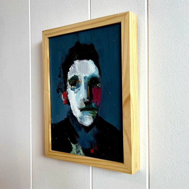 Late 20th Century Vintage Boho Abstract Figurative Portrait in Light Wood Frame For Sale - Image 5 of 6