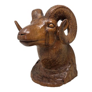 Vintage 1966 Hand Carved Wood Bighorn Sheep Ram's Head 9" Tall Signed Orren Hutter Calif For Sale