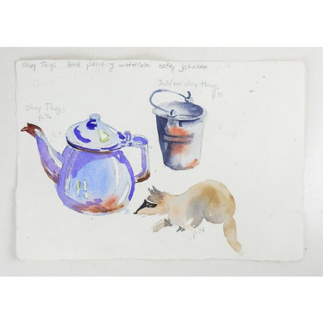 Small vintage watercolor on paper modernist monotone sepia and green painting of an old farmhouse by Ahuva Shweiki (20th...