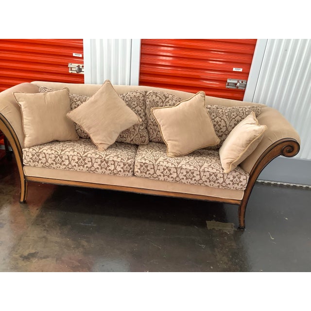 Mid-Century Modern Upholstered Sofa With Carved Wood Frame and Scrolled Arms For Sale - Image 3 of 12