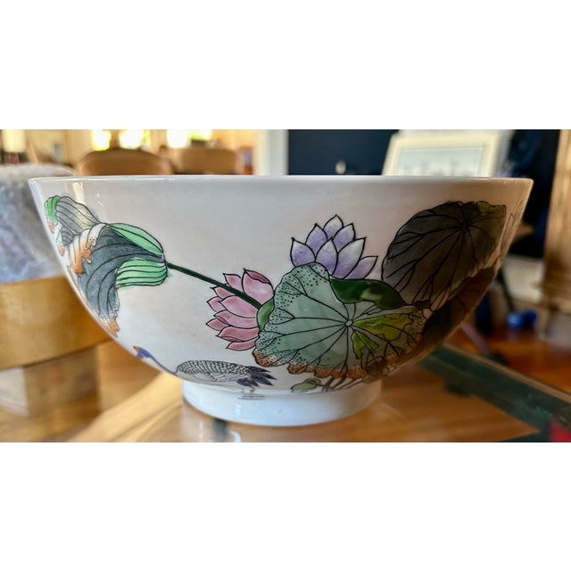 Vintage Chinese Bowl W/ Hand Painted Lotus Flowers & Cranes For Sale - Image 11 of 12