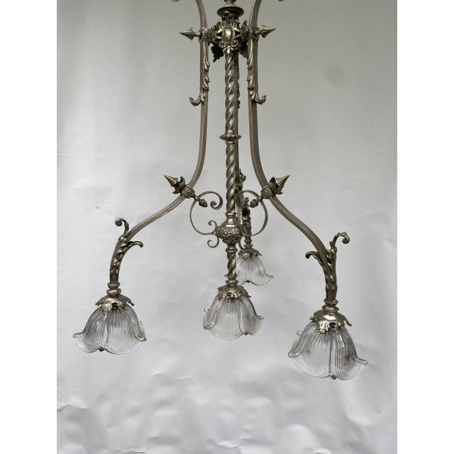 Antique Late 19th Century French Ornate Silver 4 Light Chandelier With Glass Shades Stamped "P B" For Sale - Image 4 of 8