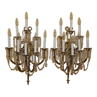 Early 20th Century Pair of French Louis XVI Style Brass & Crystal Sconces For Sale