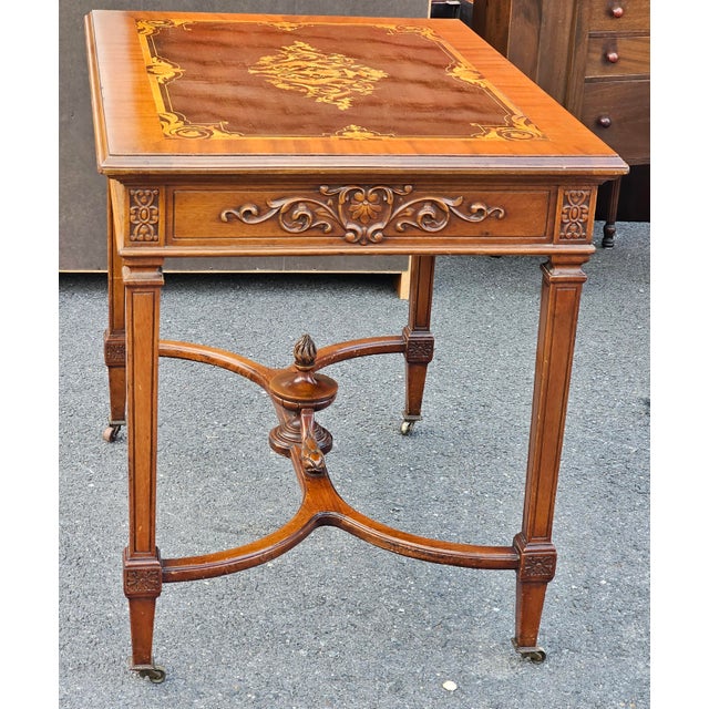 19th Century Louis XVI Style Kingwood & Walnut Marquetry Stretcher Center Table For Sale In Washington DC - Image 6 of 11