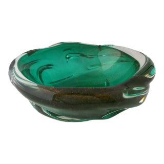 MCM Murano Art Glass Archimede Seguso Emerald Green Large Bowl Gold Leaf Flake For Sale