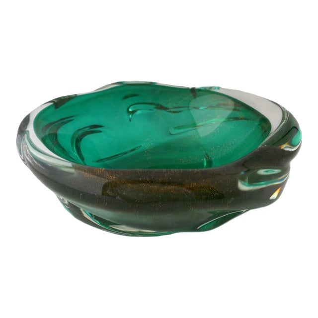 MCM Murano Art Glass Archimede Seguso Emerald Green Large Bowl Gold Leaf Flake For Sale