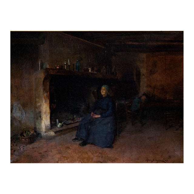 Antique Alfred Belhomme Oil Painting of an Interior Scene.