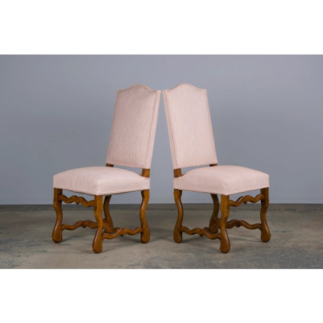 Wood Antique French Louis XIII Style Os De Mouton Oak Dining Chairs W/ Striped Blush Pink Chenille- Set o For Sale - Image 7 of 12