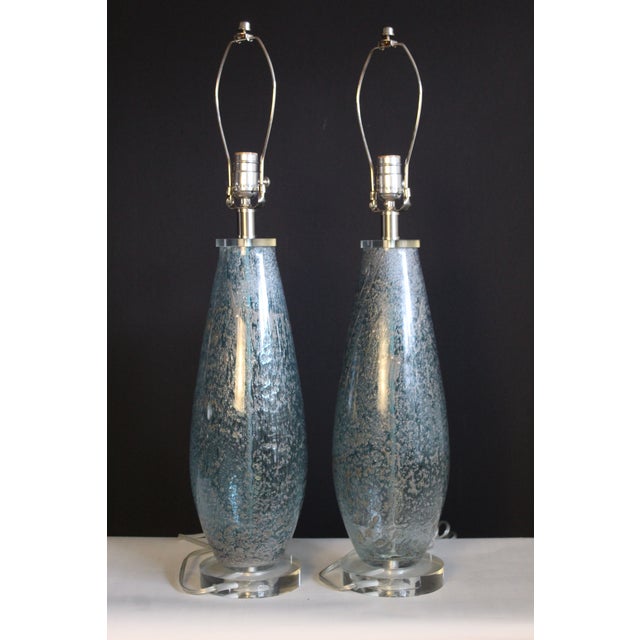 Glass Mid 20th Century Mezza Murano Style Aqua Frost Lamps - a Pair For Sale - Image 7 of 14