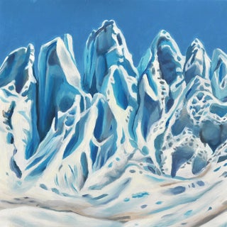 Peaks of Ice by Robin Hextrum | Oil on wood panel Snowy mountain peaks under a blue sky For Sale