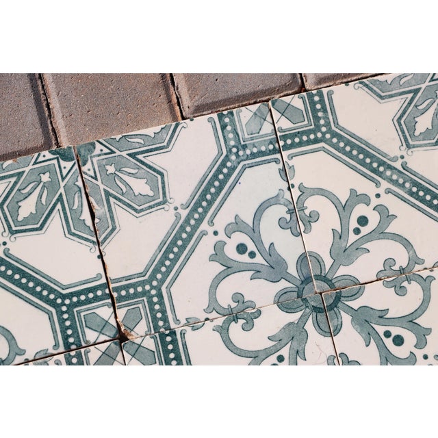 Art Deco Tiles Set of 8 Large Portuguese Sage Green & White Floral Geometric Design c.1920s For Sale - Image 12 of 16