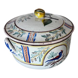 Rustic Provençal French Hand-Painted Faience Terrine with Bird & Botanical Motif For Sale