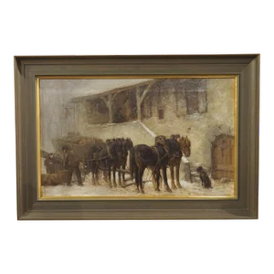 Antique Oil on Canvas, Loading the Wagon at the Stables in Winter, Circa 1890
