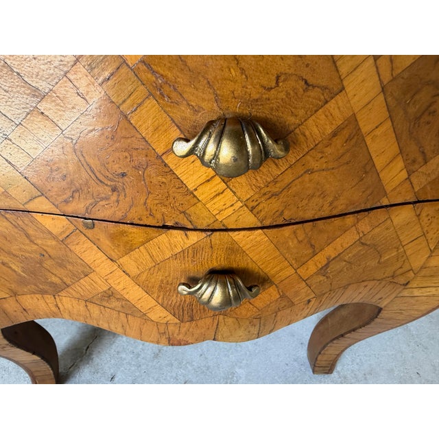 Hollywood Regency Vintage Italian Burl Olive Wood Parquetry Two-Drawer Miniature Chest With Shell Handles For Sale - Image 3 of 12