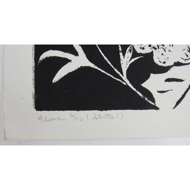 Vintage 1965 black and white floral serigraph on paper. Signed Marie Offerman, titled Flora, dated and numbered in pencil...