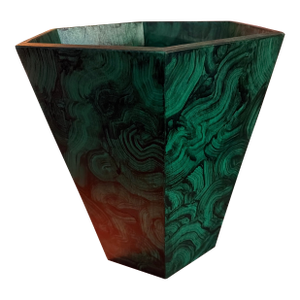 Large Hexagonal Handmade Wooden Wastebasket Faux Finished in Malachite Green