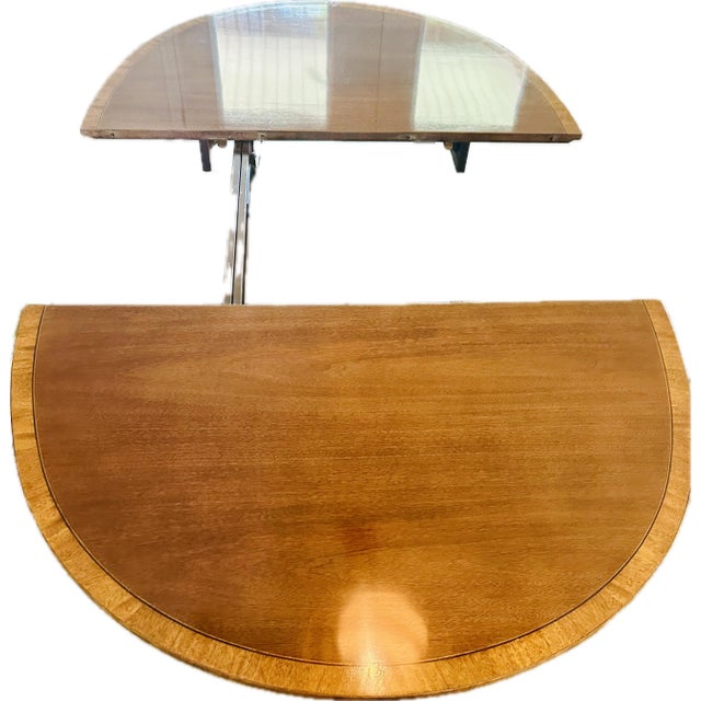Mid 20th Century Vintage Banded Mahogany Double Pedestal Oval Dining Table With Extension Leaf For Sale - Image 5 of 12