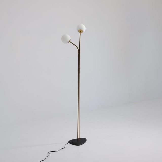 Brass Floor Lamp with Adjustable Arms and Opaline Glass Globes, 1950s For Sale - Image 4 of 9