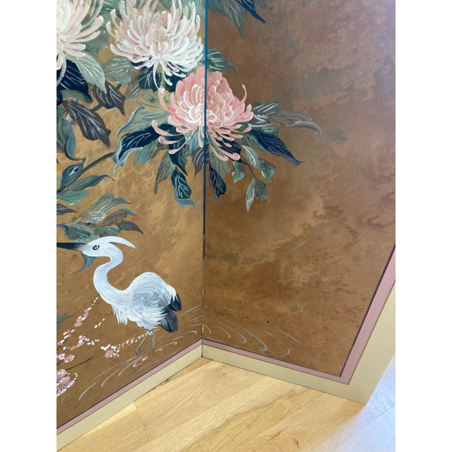 Gold Mid-Century Japanese Style Hand Painted Four-Panel Screen by Lucien Leinfelder For Sale - Image 8 of 13