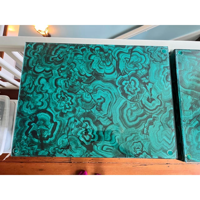 Hollywood Regency Faux Malachite Cube Tables - A Pair For Sale - Image 4 of 8