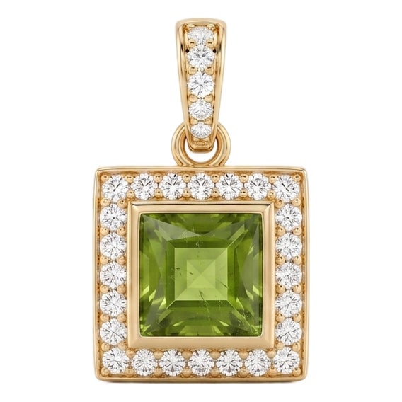 Natural Peridot Gemstone Necklace | Cubic Zirconia Halo Pendant | August Birthstone Pendant For Sale