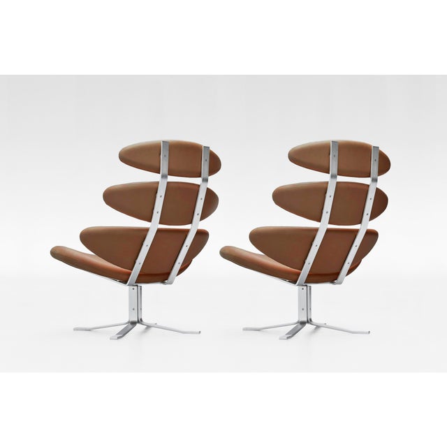 Poul Volther EJ5 Corona Lounge Chairs in Steel and Cognac Leather by Poul M. Volther for Erik Jørgensen, 1960s, Set of 2 For Sale - Image 4 of 8