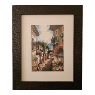 Vintage Marcos Ruiz Signed Original Watercolor Mexican Village Street Scene For Sale